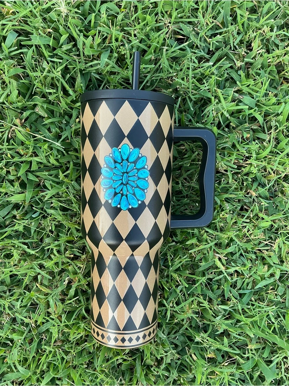 Myra Bag Black & Gold Diamond Travel Tumbler with Turquoise Floral Accent